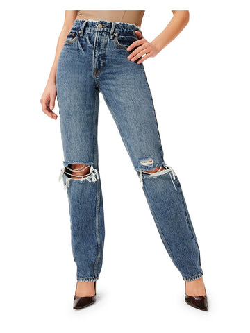 Good American 90s womens high rise destroyed straight leg jeans