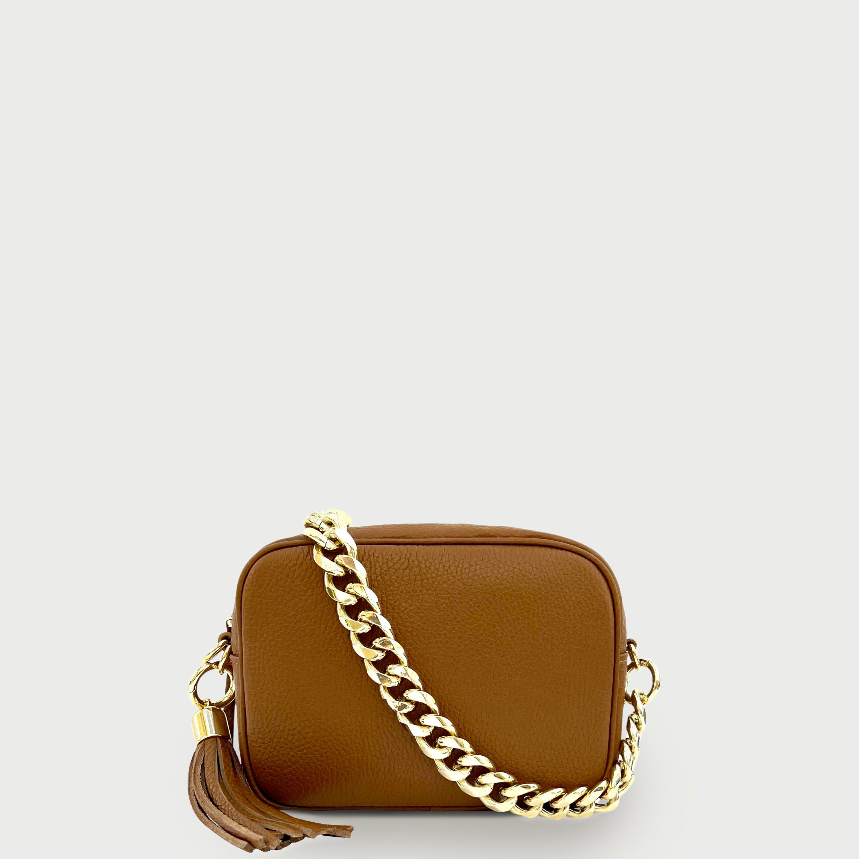 Apatchy London Tan Leather Crossbody Bag With Gold Chain Strap In Brown