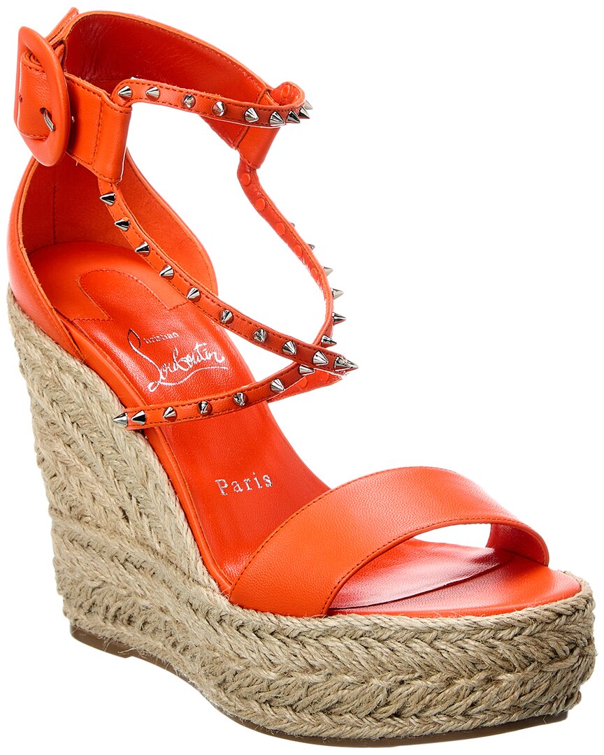 Shop Christian Louboutin Chocazeppa Spikes 120 Leather Wedge Sandal In Orange