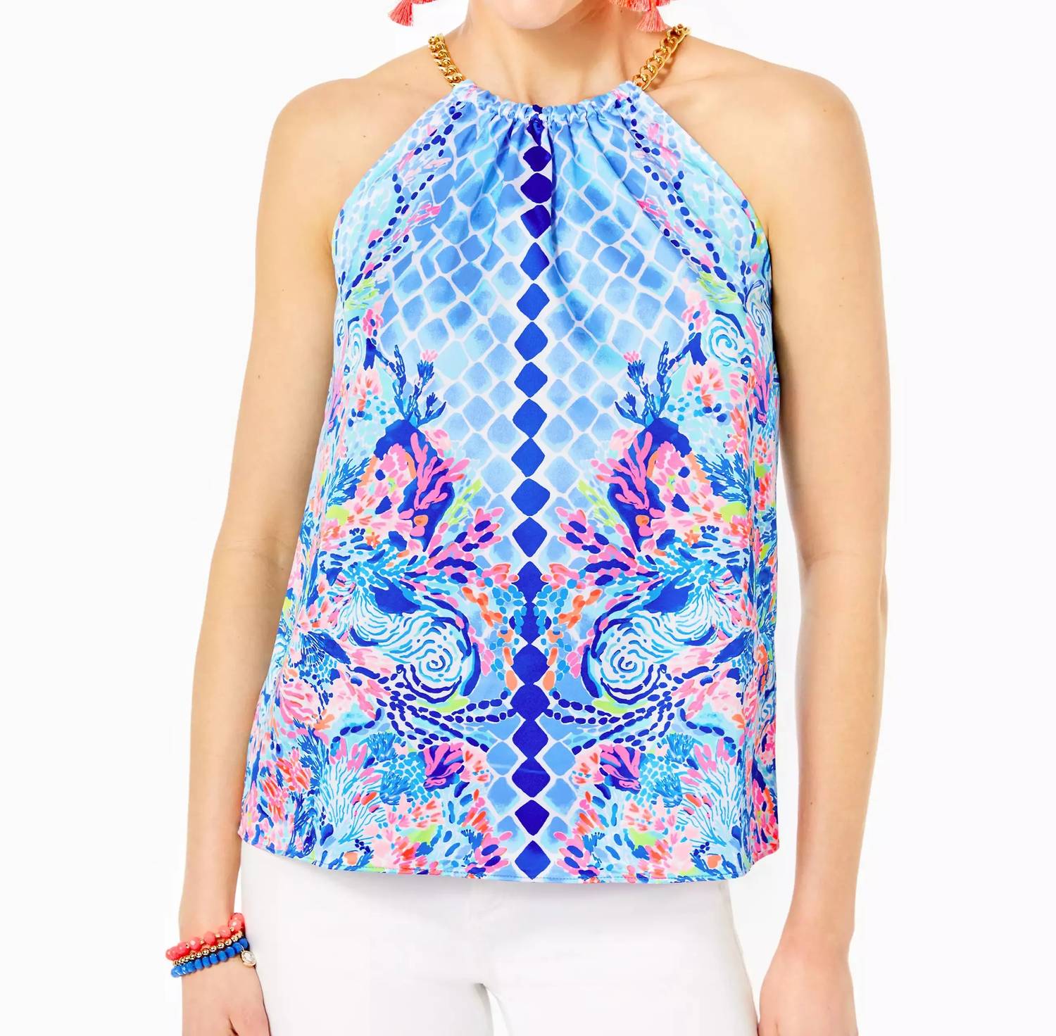 LILLY PULITZER Isa Halter Top in Multi Hidden Treasure Engineered Woven Top