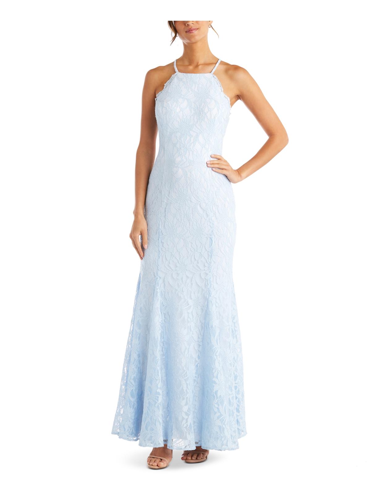 Shop Morgan & Co. Juniors Womens Lace Open Back Formal Dress In Blue