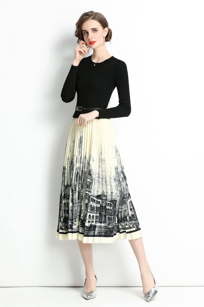 Kaimilan Black & White Office A-line Crewneck Long Sleeve Printed Skirt ...