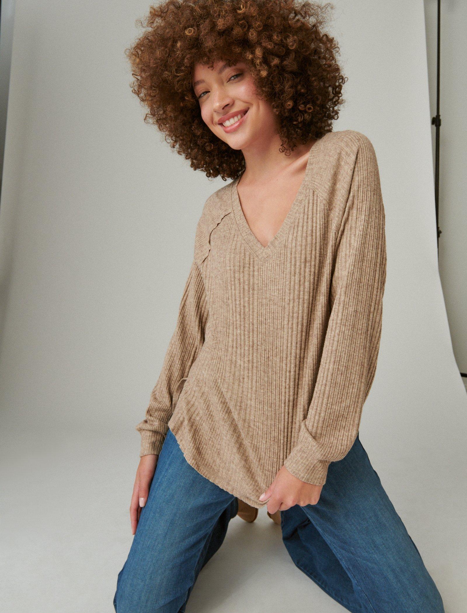 Lucky Brand Cloud Jersey Rib V-Neck Top