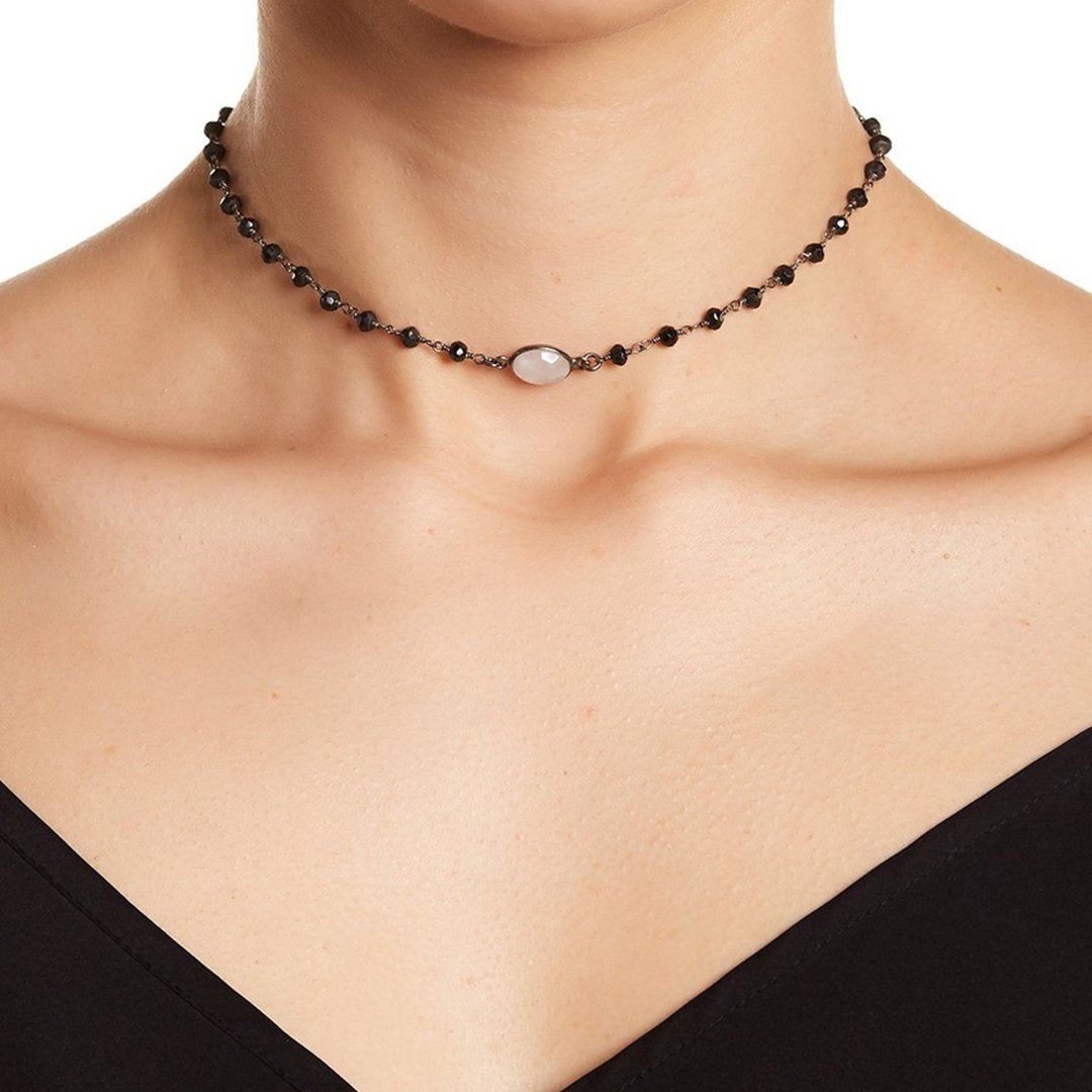 Adornia 3mm Black Spinel Choker Necklace Moonstone silver