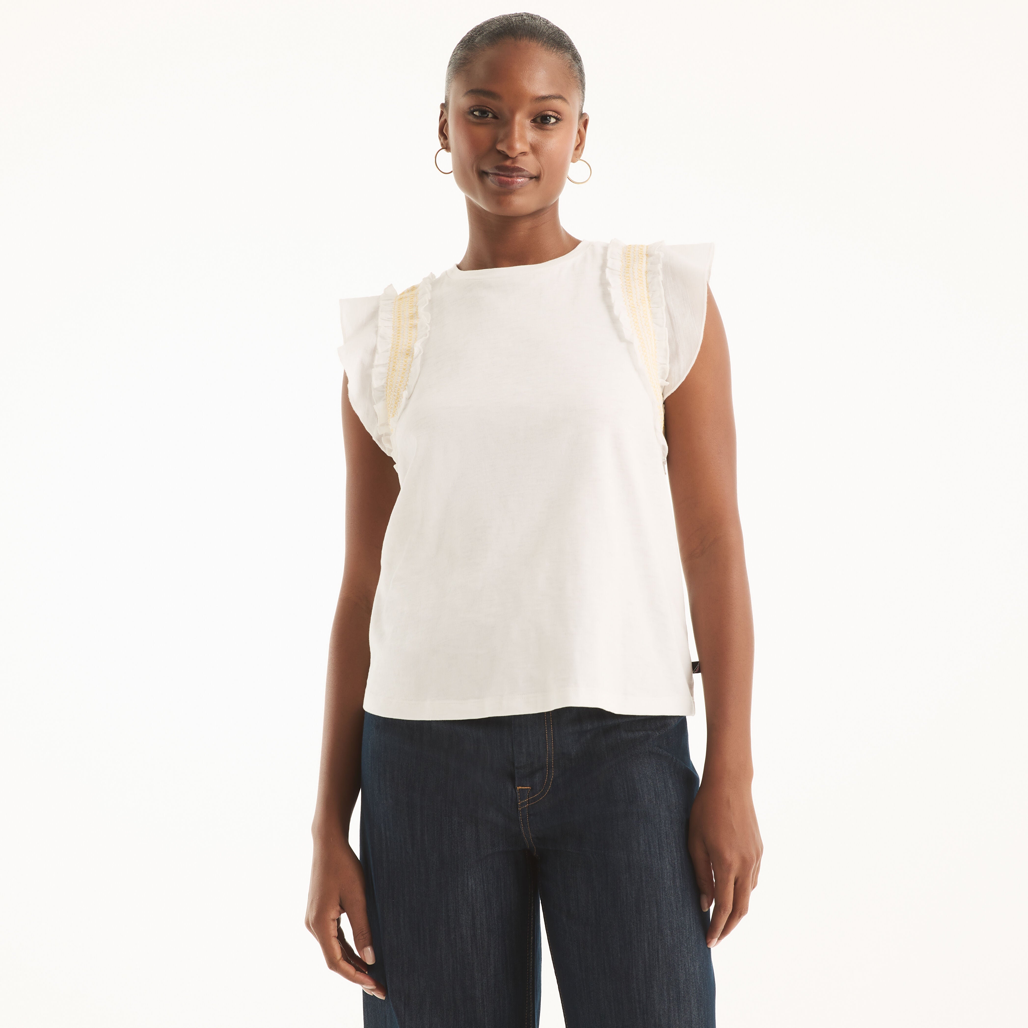 Shop Nautica Womens Ruffle Sleeve Top With Contrast Stitch In White