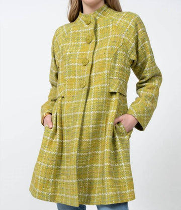 Ivy Jane tweed button up coat in plaid lime green