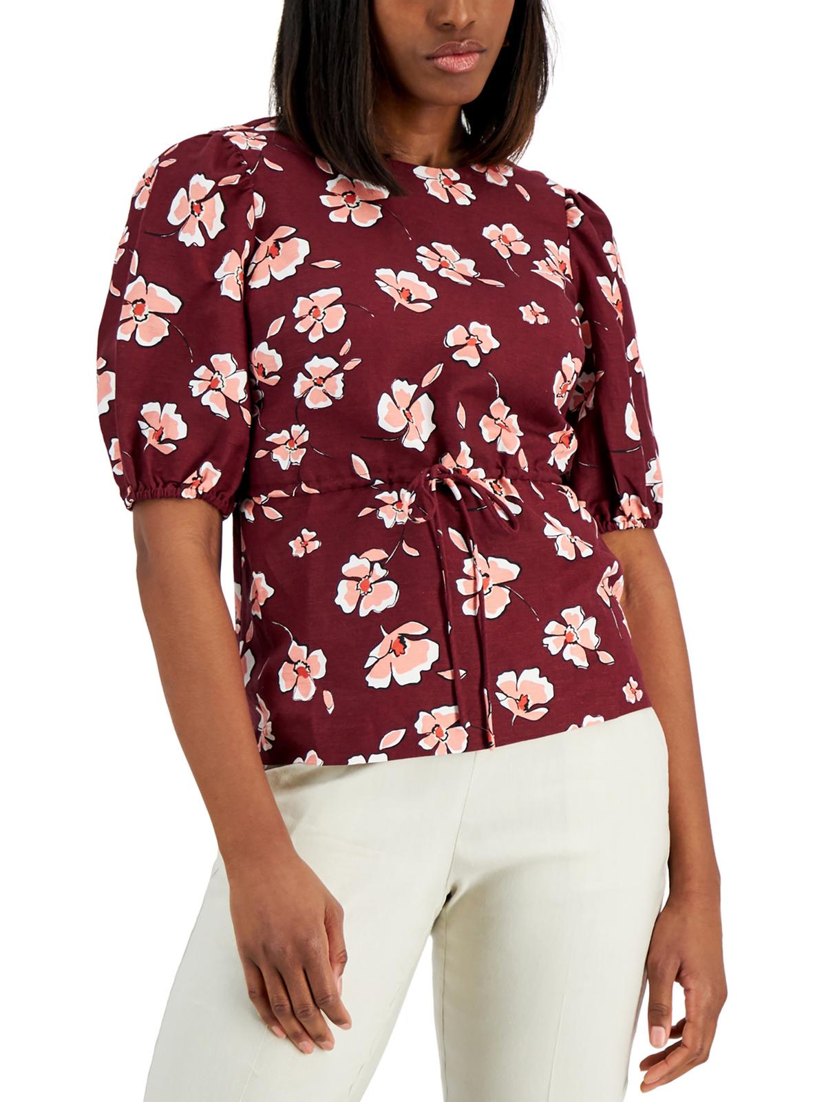 Shop Alfani Womens Floral Tie Front Peplum Top In Red