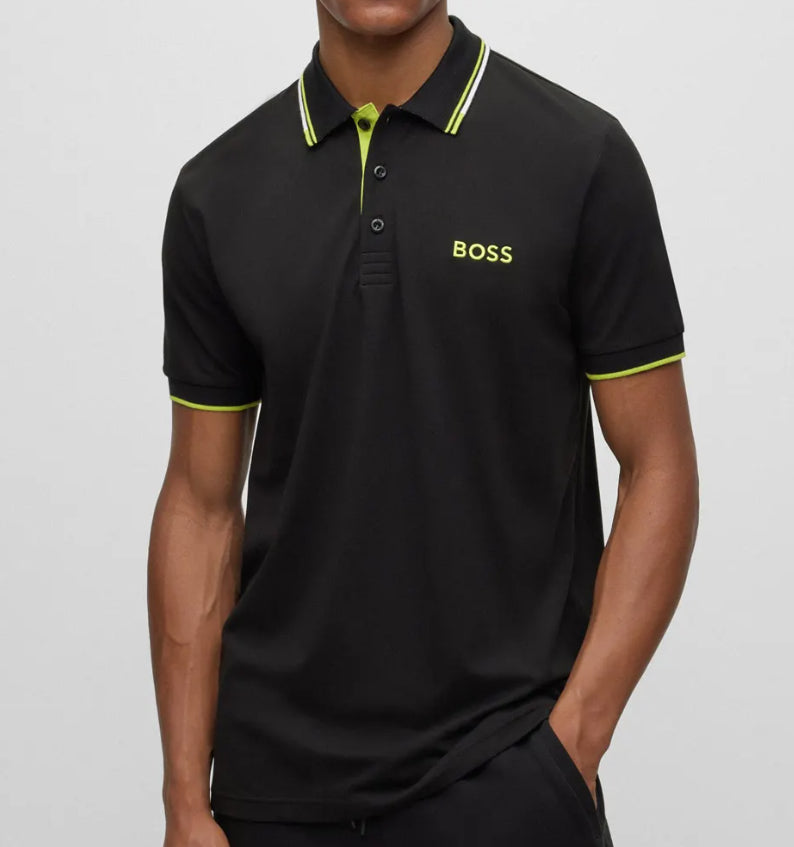 Shop Hugo Boss Men Paddy Pro Short Sleeve Deep Black/electric Lime Polo T-shirt