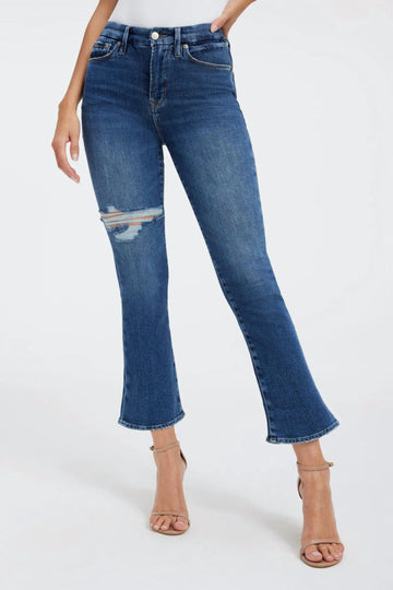 Good American cropped mini boot denim in dark wash