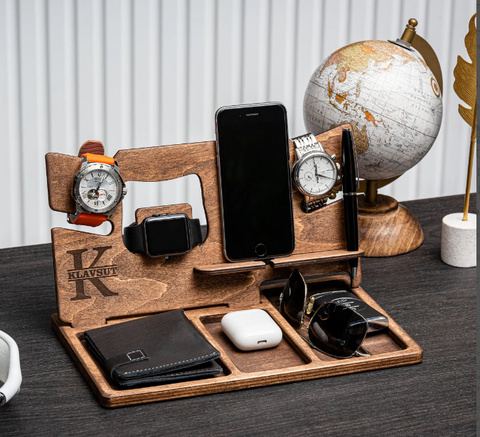 Personalized Docking Station for Men - Custom Engraved Wood Desk Dock -  Groovy Guy Gifts