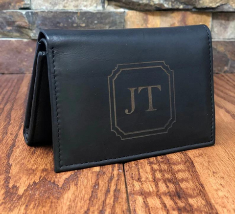  Black Mens Genuine Leather Monogrammed Tri-Fold Wallet
