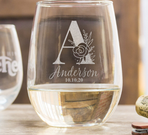 Stemless Wine Glasses with Hand Cut Monogram, 21 oz