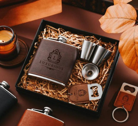Personalized Engraved Leather Flask Set