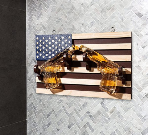 Pistol Whiskey Decanter On American Flag Wall Rack