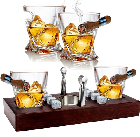 Whiskey Gift Set in Wood Box, Set of 2 Classic-Shape Whiskey Glasses, 8  Chilling Stones, Pouch, 2 Coasters & Tongs