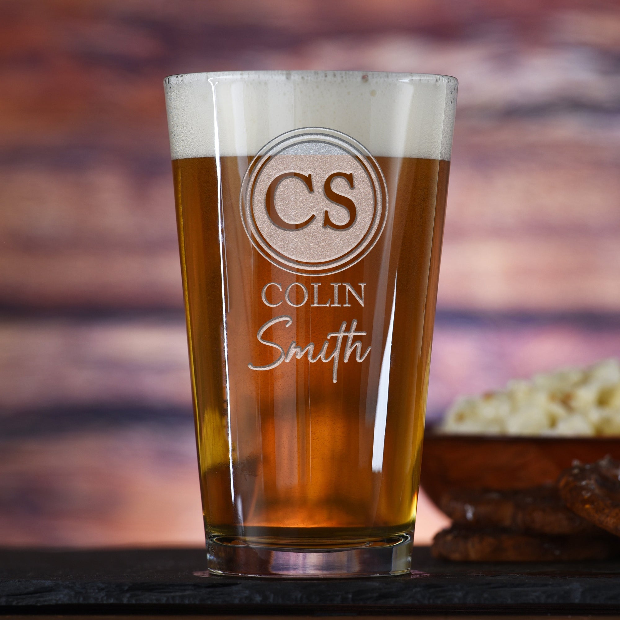 Two Monogram Pub Pint Water Glasses