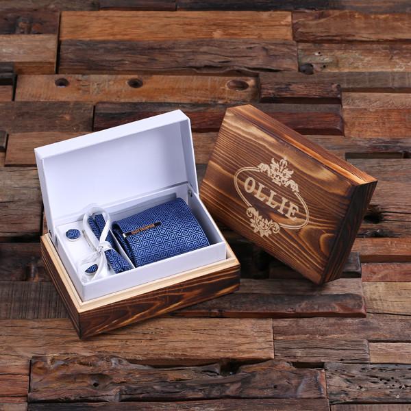 Wooden Box With Blue TIe, Tie Bar and Cuff links