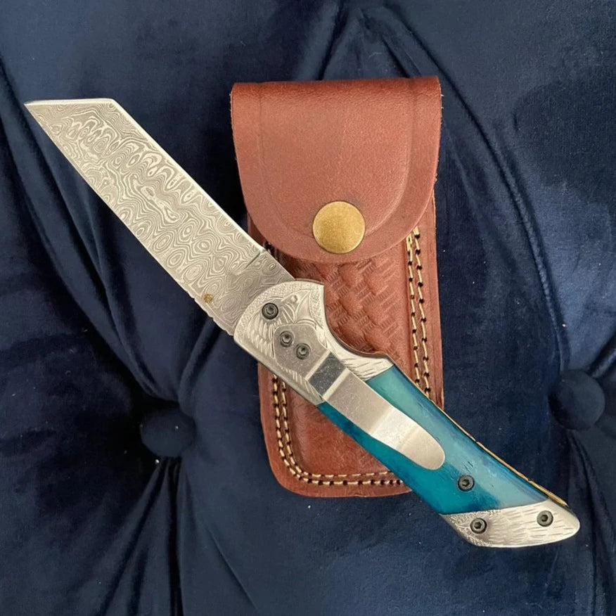 Blue Dyed Bone Damascus Blade