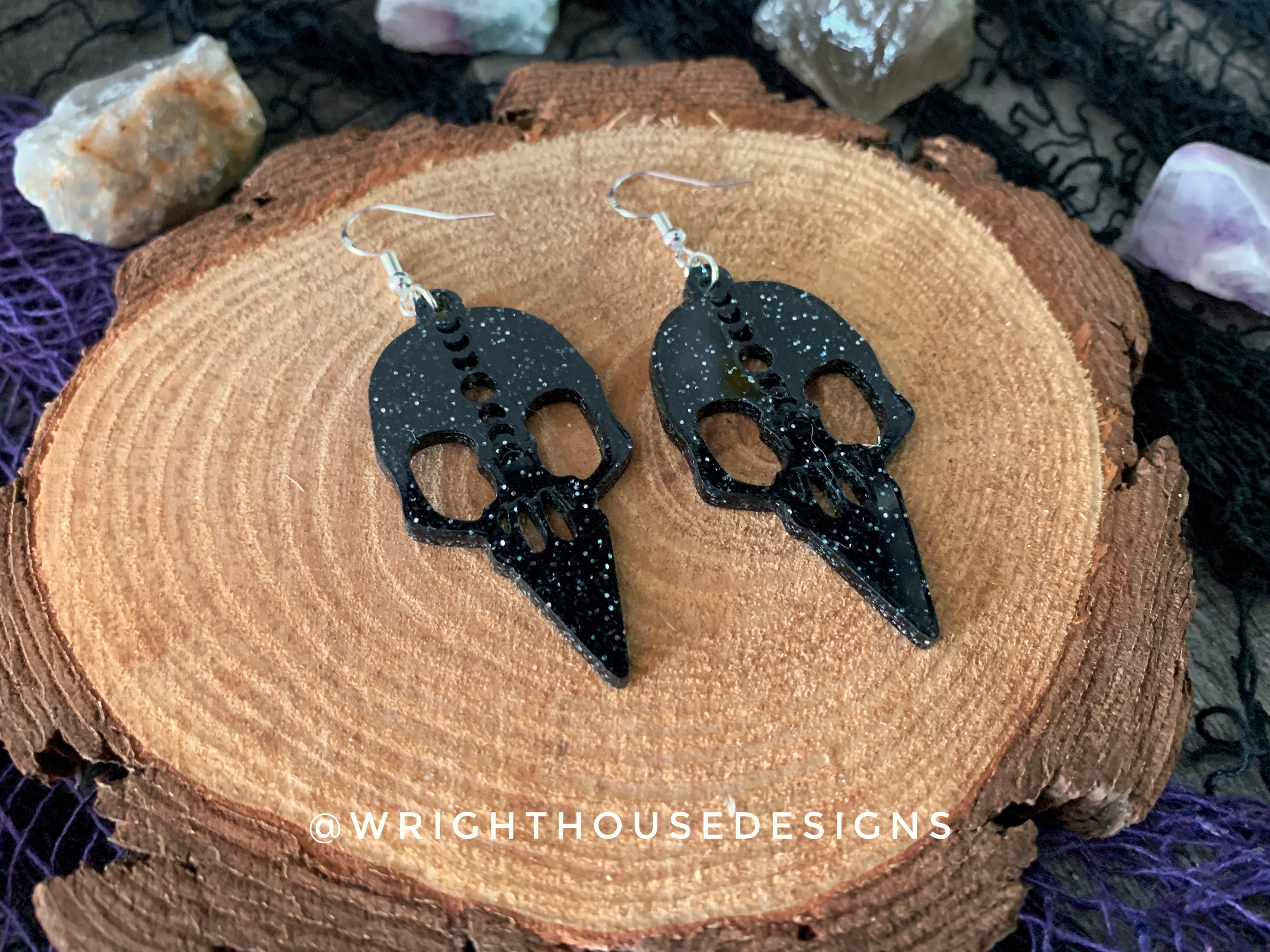 Gothic Style Bird Skulls - Witchy Halloween Earrings - Glitter Black Acrylic Handmade Jewelry