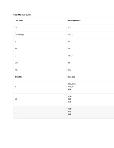 C'est Moi Size Chart