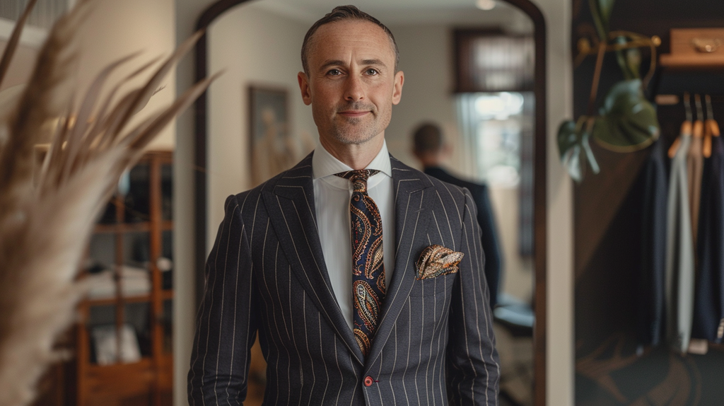 Men's fashion expert showcasing mixed pattern outfit with pinstripe suit jacket, herringbone trousers, and paisley tie, demonstrating how to mix and match patterns and textures