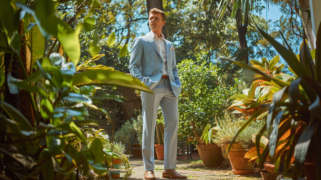 Man wearing lightweight wool suit in summer setting, demonstrating versatility of wool fabric