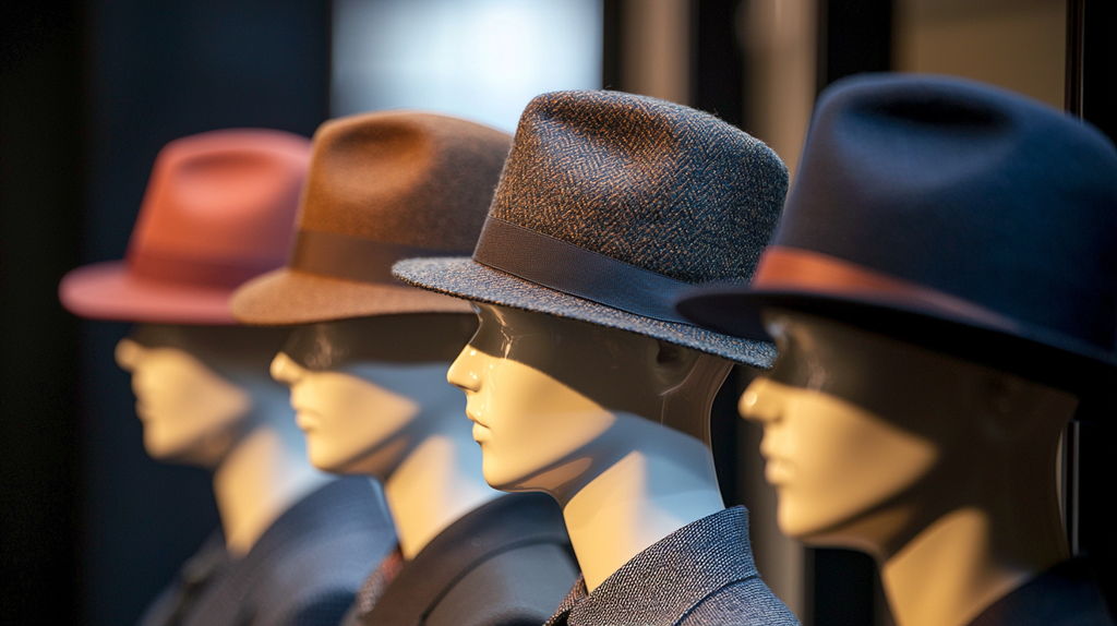 Display of men's hat styles for fall 2024 including flat cap, fedora, trilby, and bowler