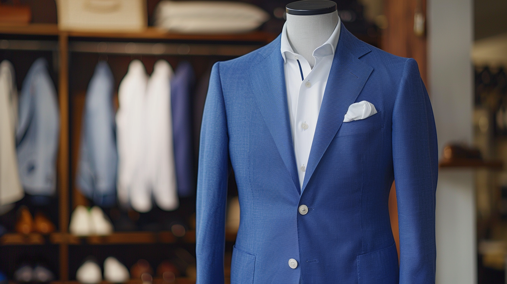 A blue hopsack blazer paired with white chinos and brown dress shoes, displayed on a mannequin