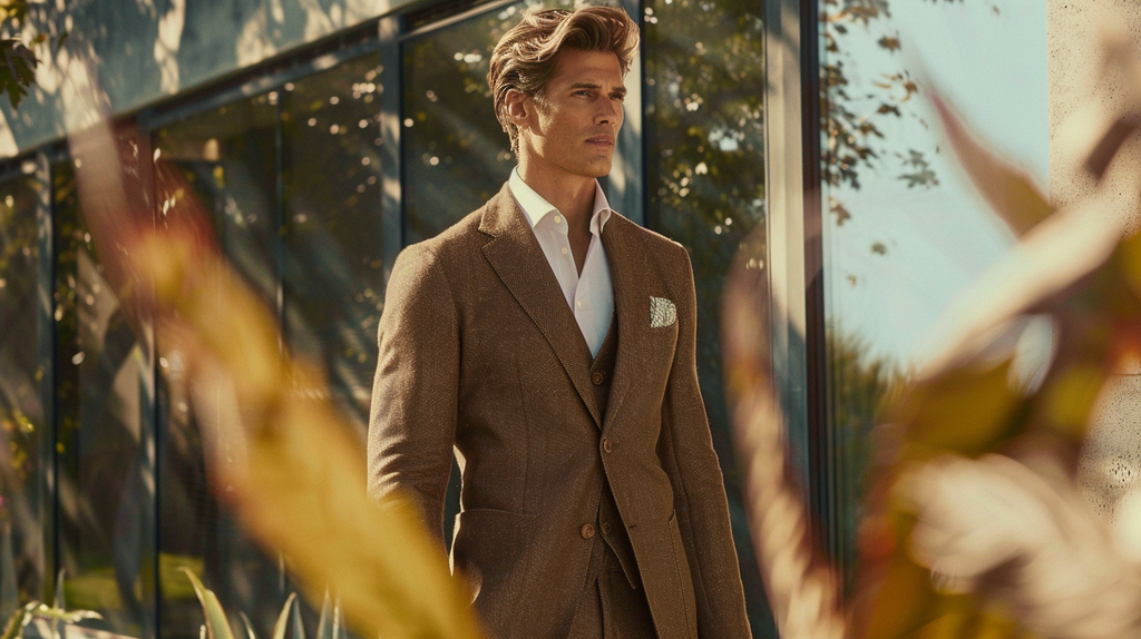 A brown hopsack blazer styled with high-twist wool trousers, perfect for summer wear