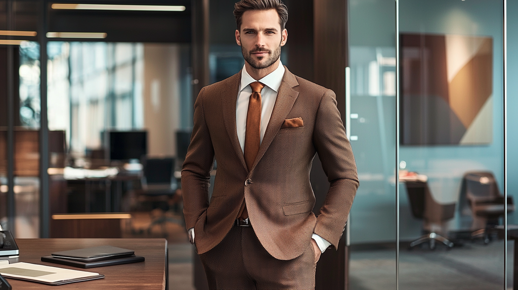 Professional man wearing a tailored chocolate brown suit with white shirt and orange tie, standing confidently in a modern office setting, demonstrating the suit's suitability for business environments.