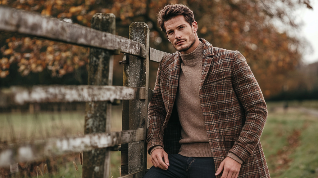 Man wearing a checked casual coat with jeans and a sweater in a relaxed outdoor setting