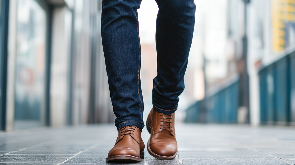 Man wearing dark denim jeans paired with a white dress shirt and brown leather shoes, showcasing versatile smart-casual style