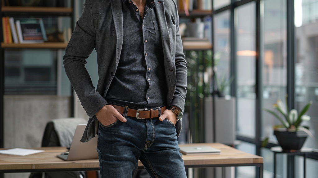 Man in dark shirt and jeans with smart blazer for business casual style