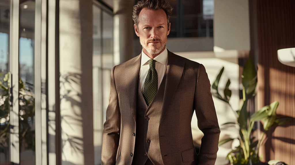 Professional man wearing tailored medium brown suit with textured fabric, cream shirt, and patterned green tie, perfect for final interview stages and building rapport