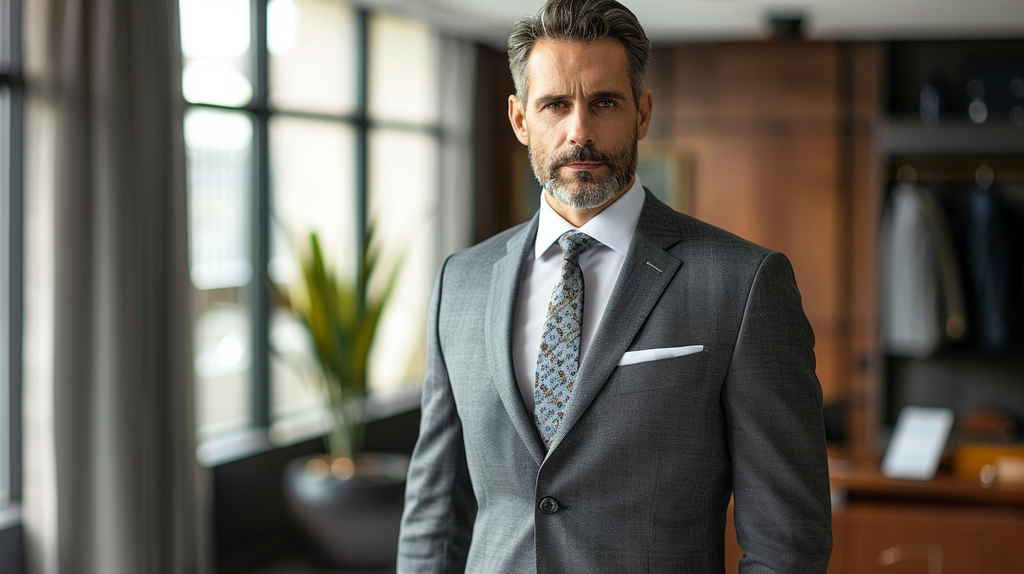 Man in a charcoal grey suit with a white dress shirt and a geometric patterned silk tie standing in a modern, well-lit office.