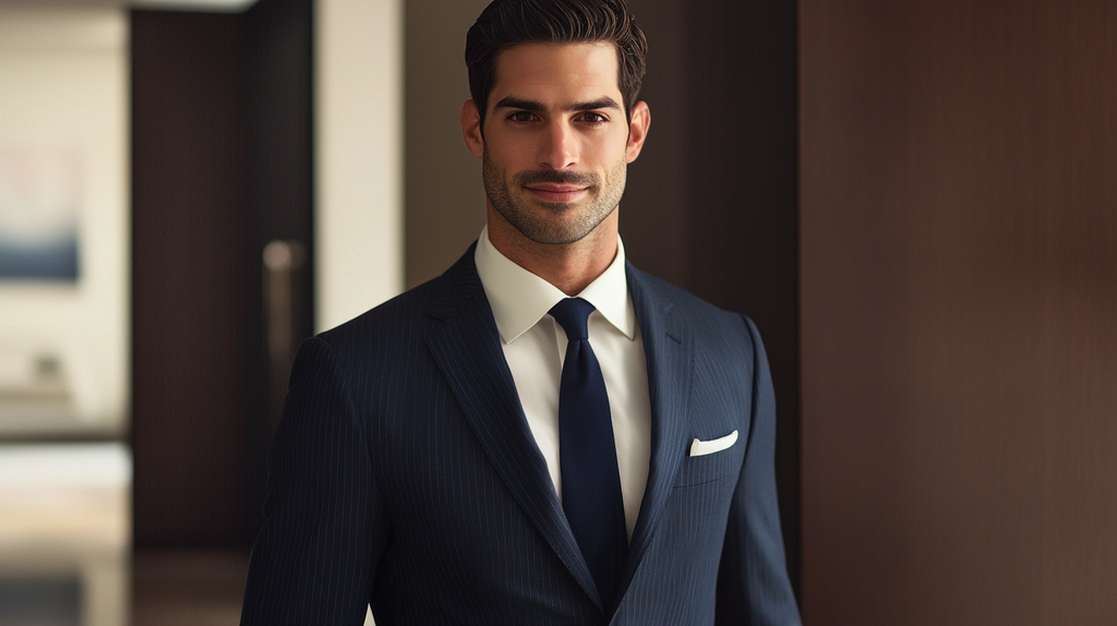 Professional man wearing tailored navy blue shadow stripe suit with cream shirt and navy tie, ready for a successful job interview