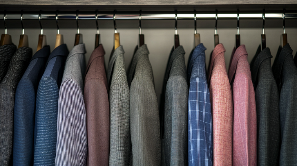 Organised men's wardrobe displaying full suits alongside separate odd jackets and trousers for versatile outfit creation