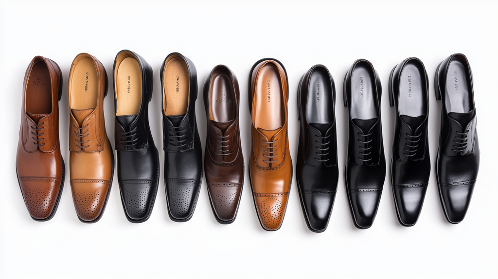 Collection of men's shoes arranged from casual to formal, showcasing options for various occasions