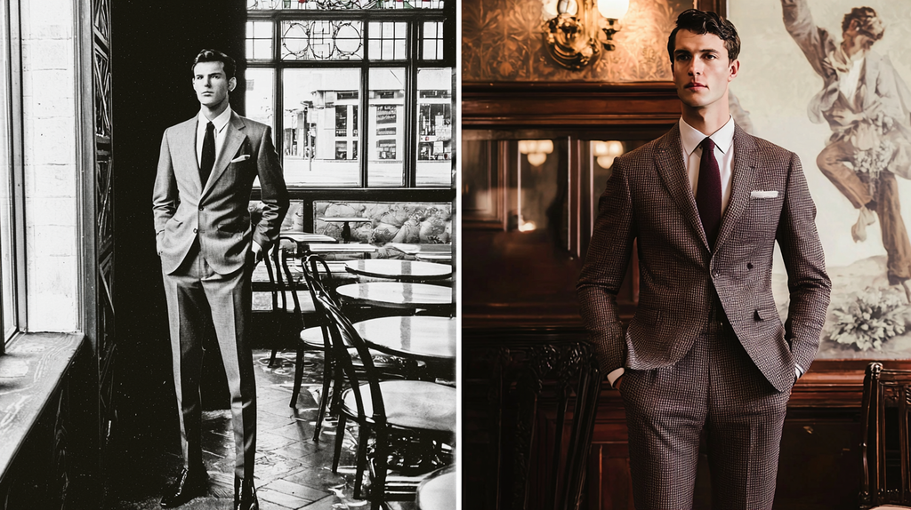 Comparison of 1980s suit and modern bespoke suit, showing evolution of men's fashion