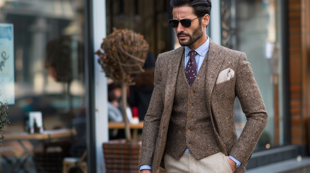 Man wearing textured suit jacket with contrasting trousers, showcasing versatile styling