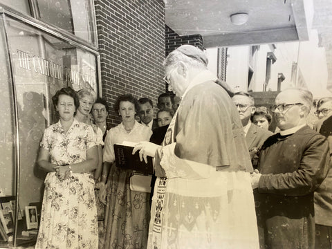 Archbishop Owen McCann blessing the new bookshop in 1950