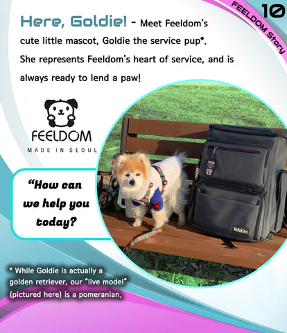 Here, Goldie!  Meet Feeldom's cute little mascot, Goldie the service pup. She represents Feeldom's heart of service, and is always ready to lend a paw. Image: A little orange furry dog wearing a blue shirt standing next to a Feeldom TREK backpack. Quote:  How can we help you today? Feeldom logo with the puppy mascot