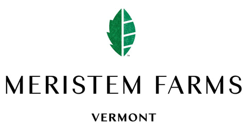 MERISTEM FARMS LOGO WITH GREEN SEED LEAF OVERTOP OF TEXT AND BELOW WITH VERMONT