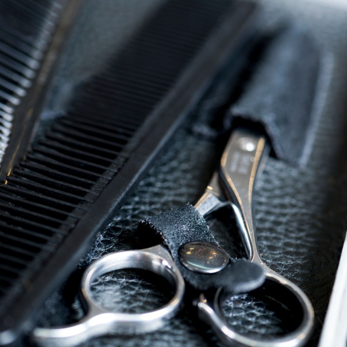 A haircutting shear secured inside a scissor case