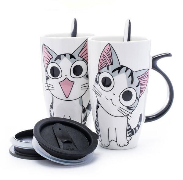Cute Cat Mug With Lids And Spoon Porcelain Coffee Milk Tea Mugs