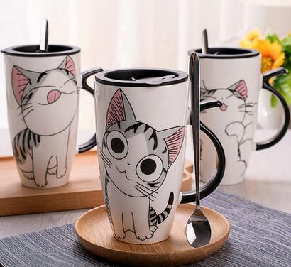 Cute Cat Mug Glass Mug with Spoon and Wood Lid