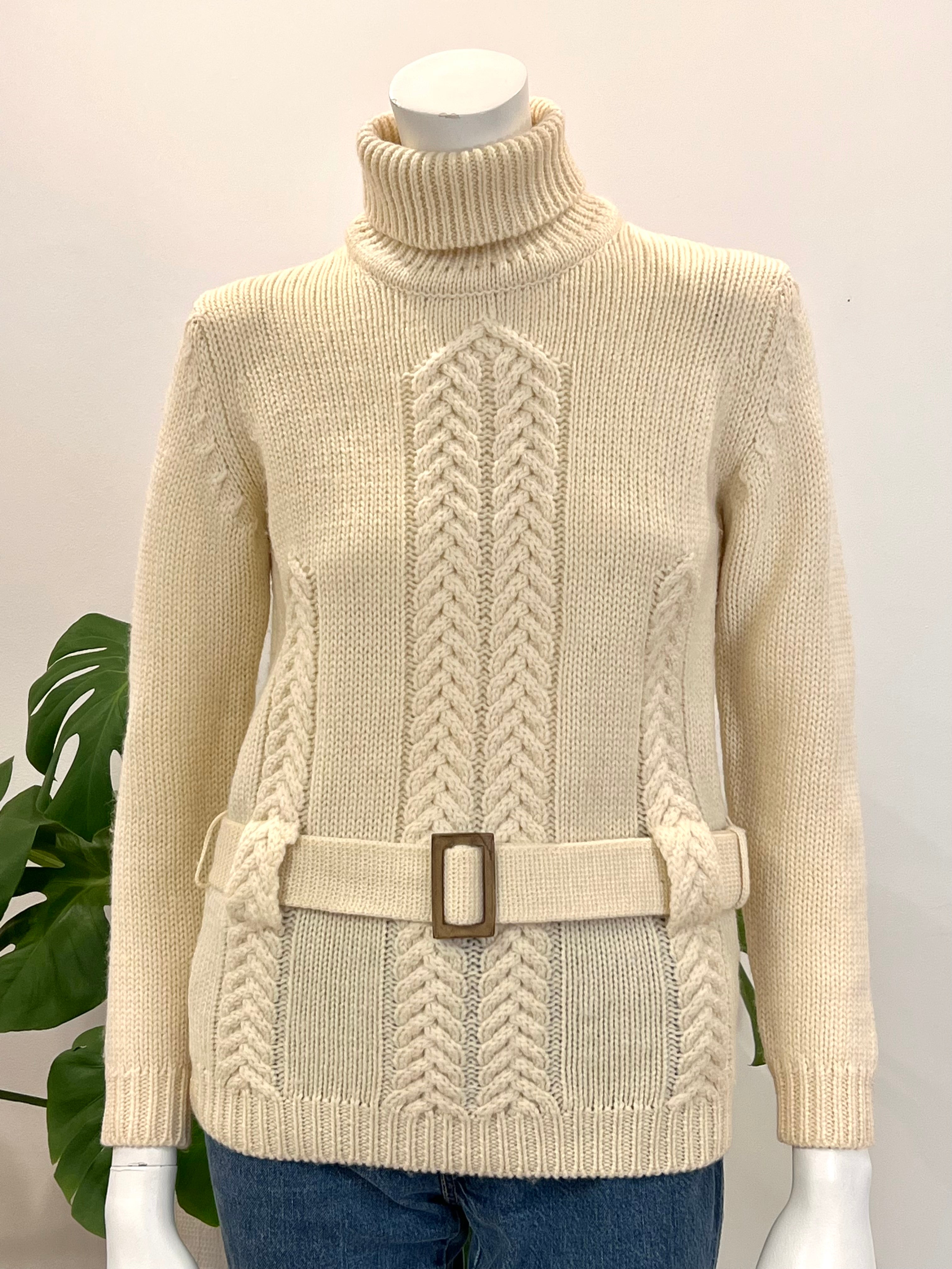 vintage ivory wool belted turtleneck cableknit sweater 70s – hong