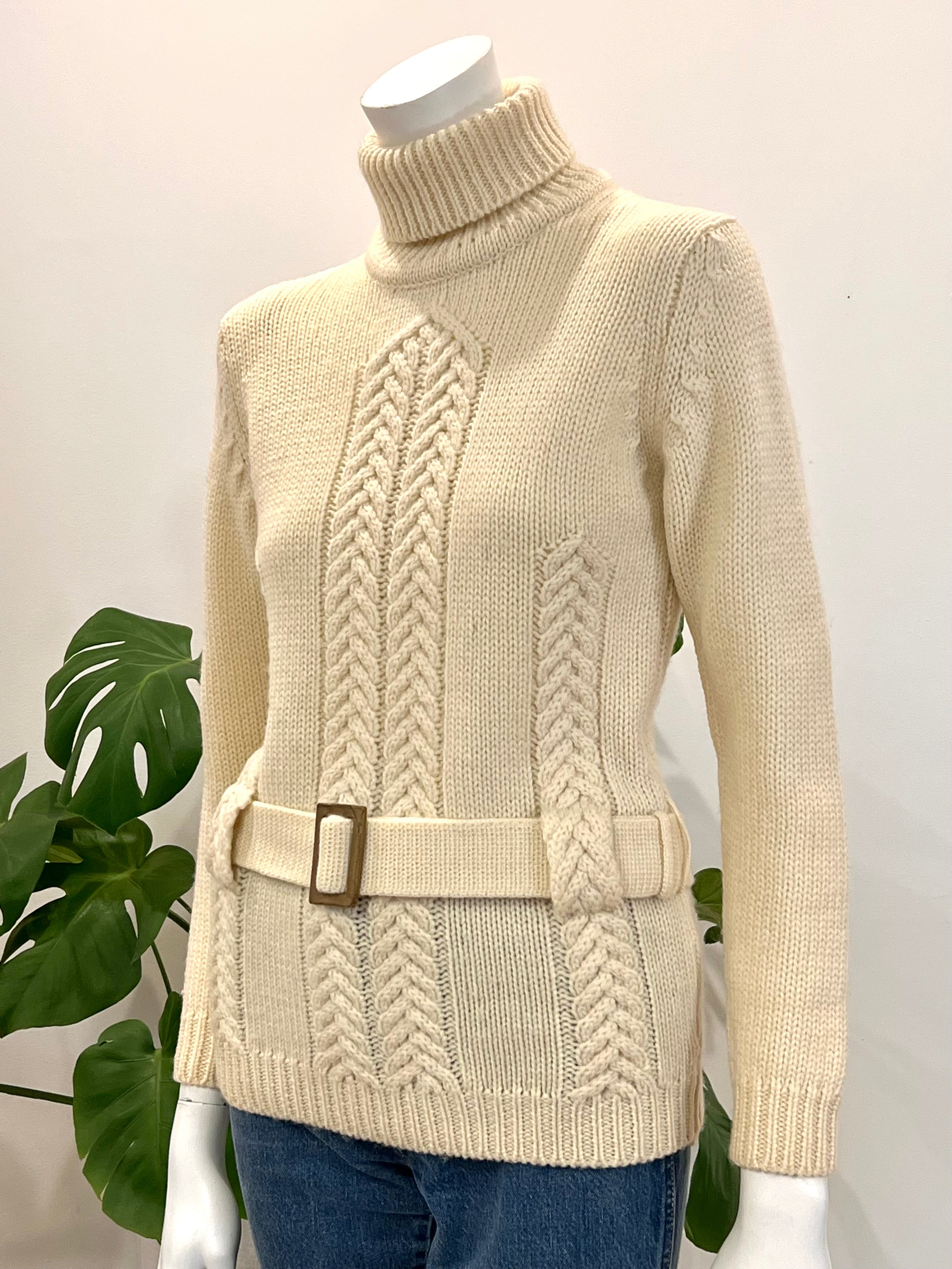 vintage ivory wool belted turtleneck cableknit sweater 70s – hong