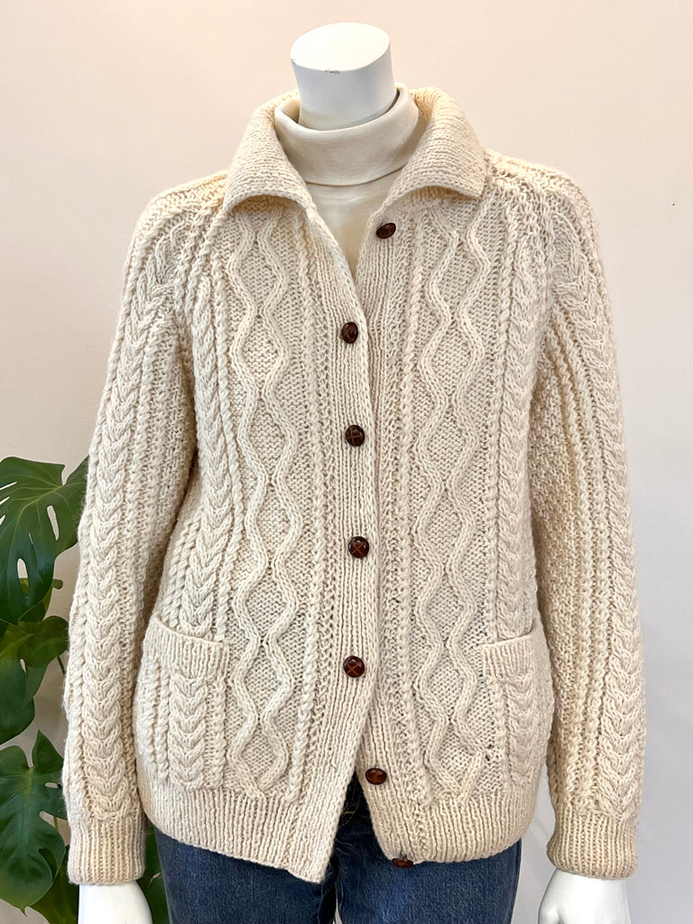 vintage hand knit ivory virgin wool cable knit fisherman sweater