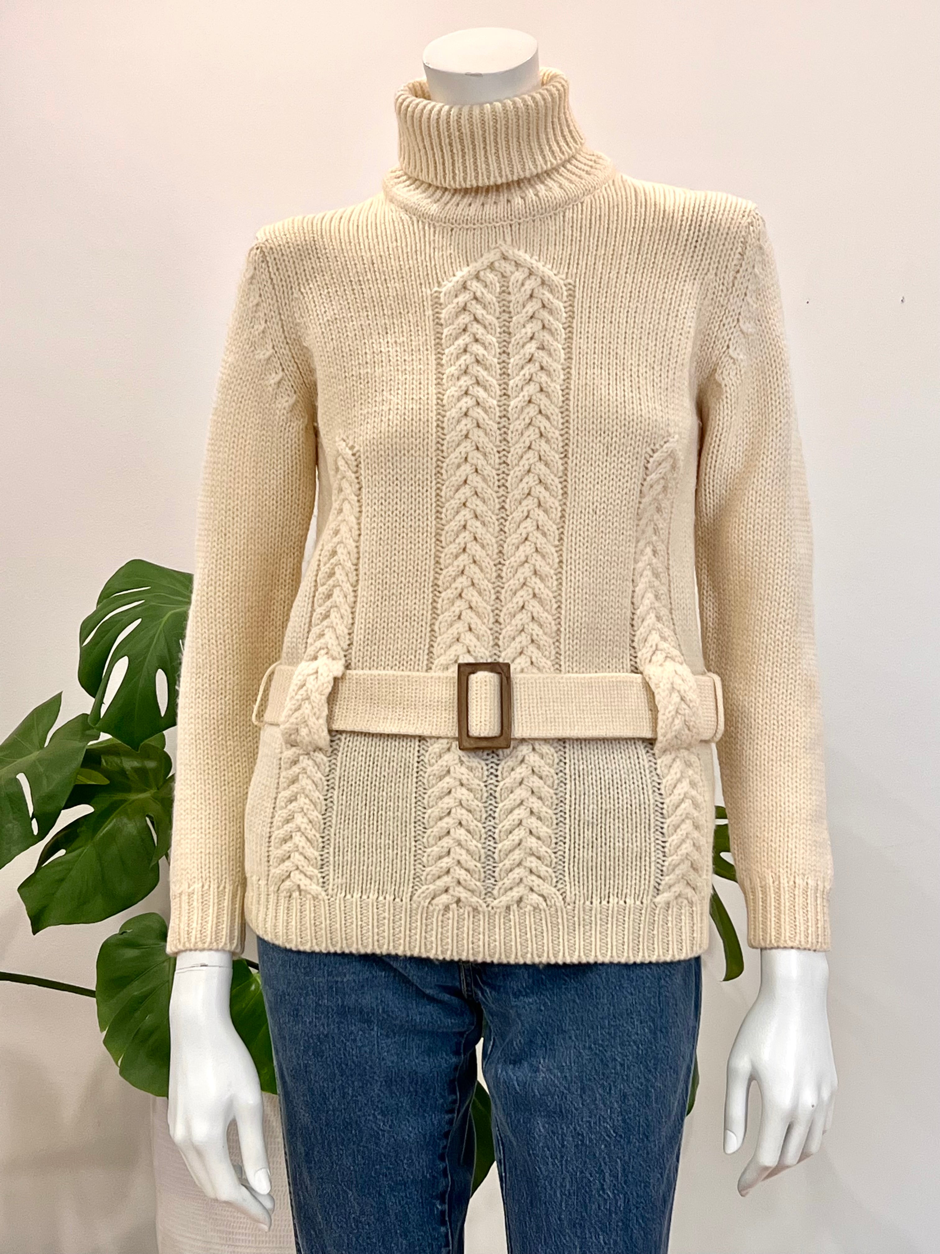vintage ivory wool belted turtleneck cableknit sweater 70s – hong